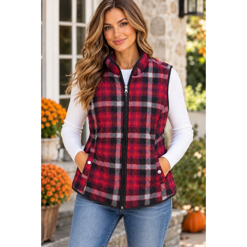 Croft & Barrow Quilted Plaid Vest Women L Red Black Full Zip Cottagecore Fall